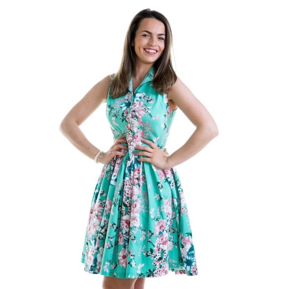 Voodoo Vixen Tilly Teal & Pink Floral Dress Size Small